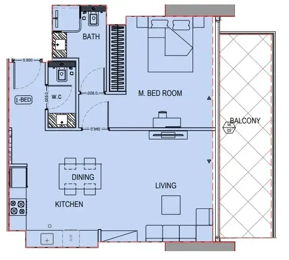 Binghatti Apex — планировка 1 BR Type C