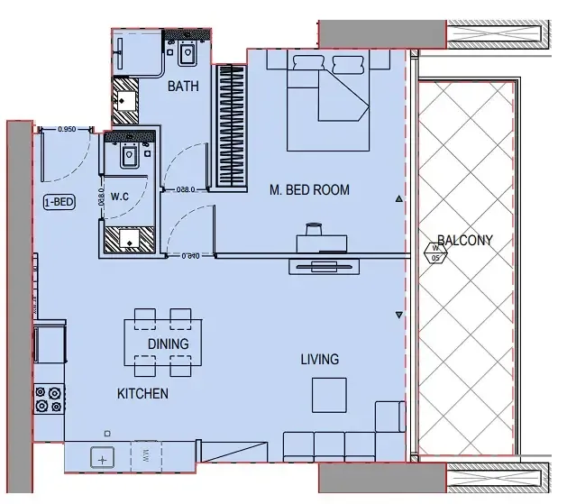 Binghatti Apex — планировка 1 BR Type BC