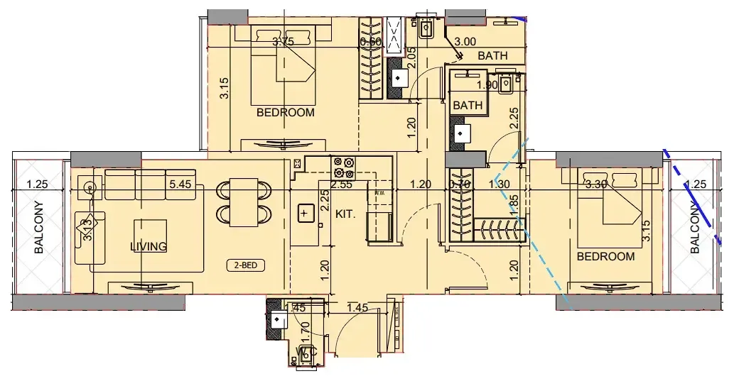 Binghatti Cullinan — планировка 2BR Type 45