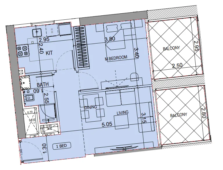Binghatti Elite — планировка 1 BR Type A