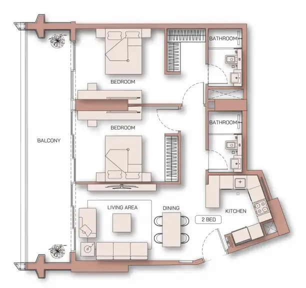 Binghatti Pinnacle — планировка 2 BR Type BI