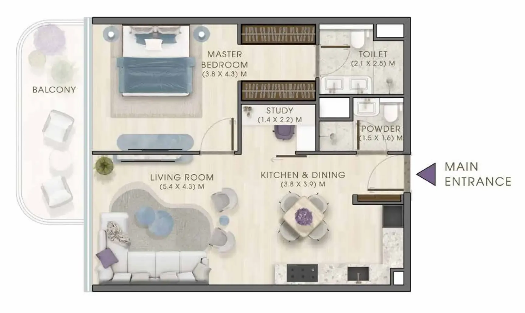 Kaia Residences — планировка 1 BR Type F