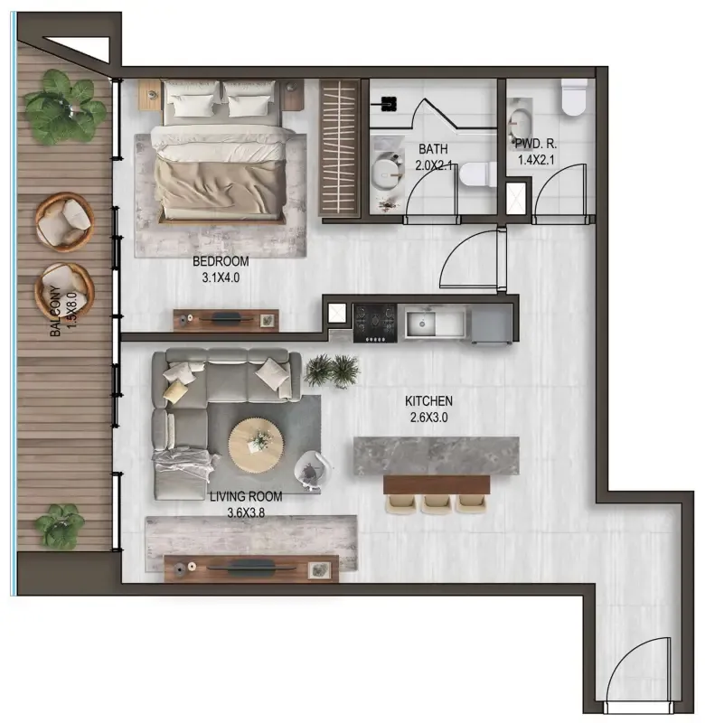 Noore — планировка 1 BR Type E