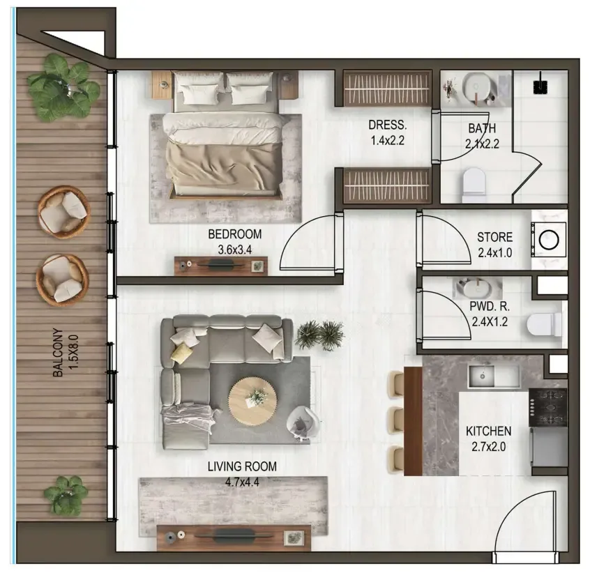 Noore — планировка 1 BR Type C