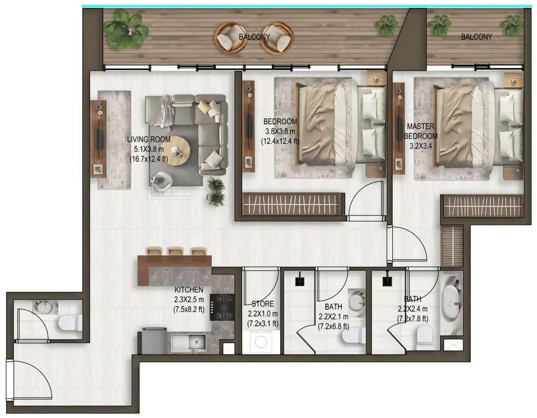 Noore — планировка 2 BR Type F