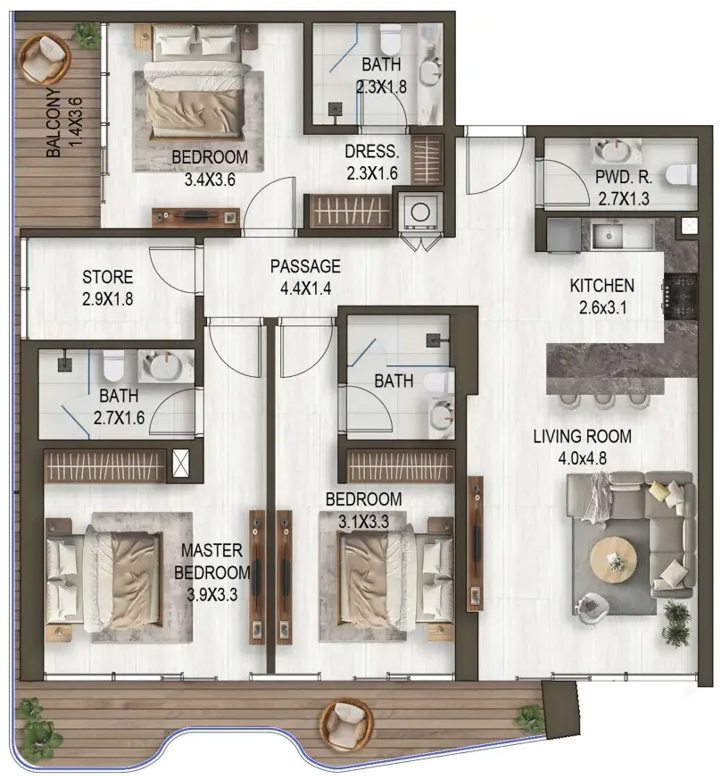 Noore — планировка 3 BR Type A