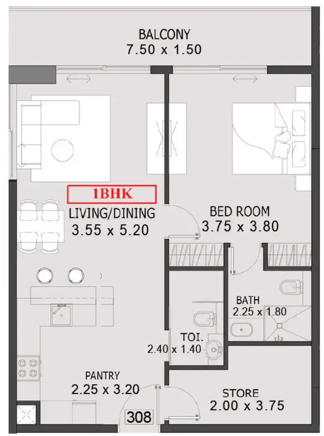 One By Preston — планировка 1 BR Type B
