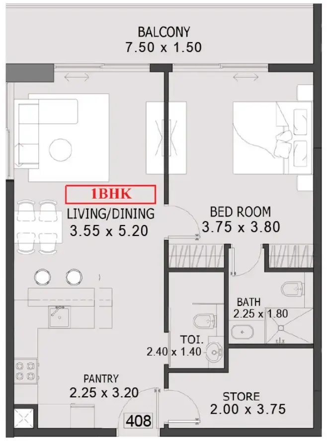 One By Preston — планировка 1 BR Type C