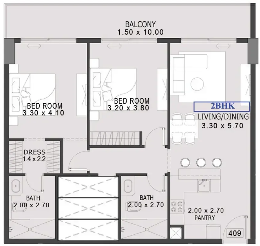 One By Preston — планировка 2 BR Type A