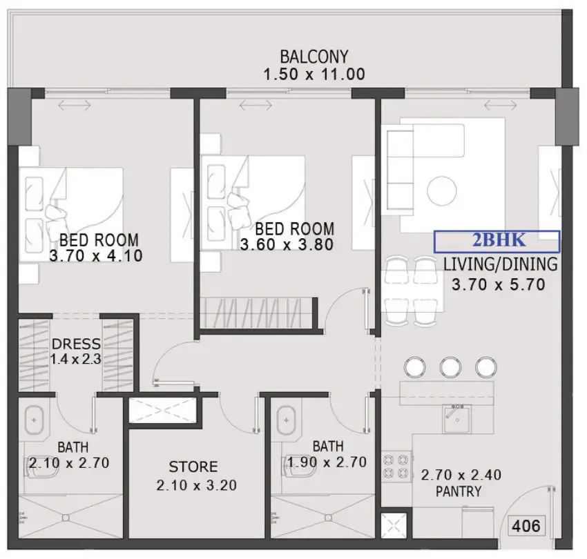 One By Preston — планировка 2 BR Type AQ
