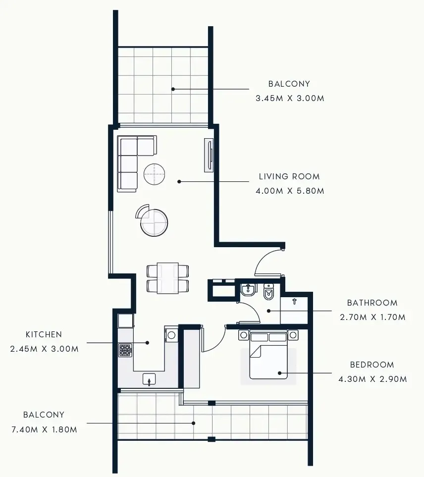 Riviera Beach Front — планировка 1 BR Type AA