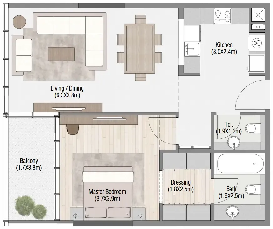 South Living — планировка 1 BR Type A
