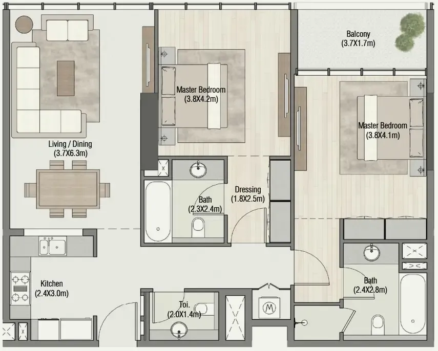 South Living — планировка 2 BR Type A