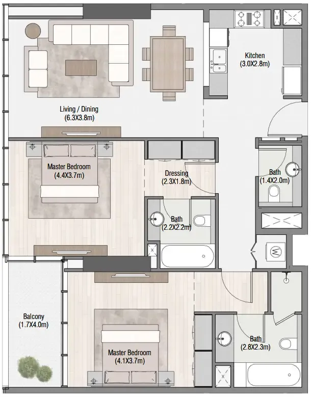 South Living — планировка 2 BR Type B