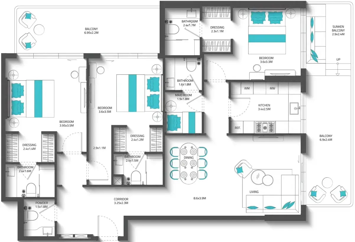 REEF 996 — планировка 3 BR Type A