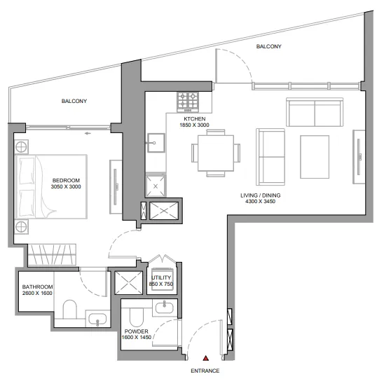 The Horizon at Sobha Central — планировка 1 BR Type DW