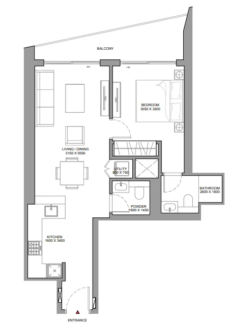 The Horizon at Sobha Central — планировка 1 BR Type AR