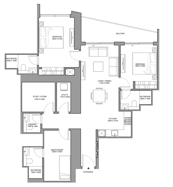 The Horizon at Sobha Central — планировка 2 BR Type FD