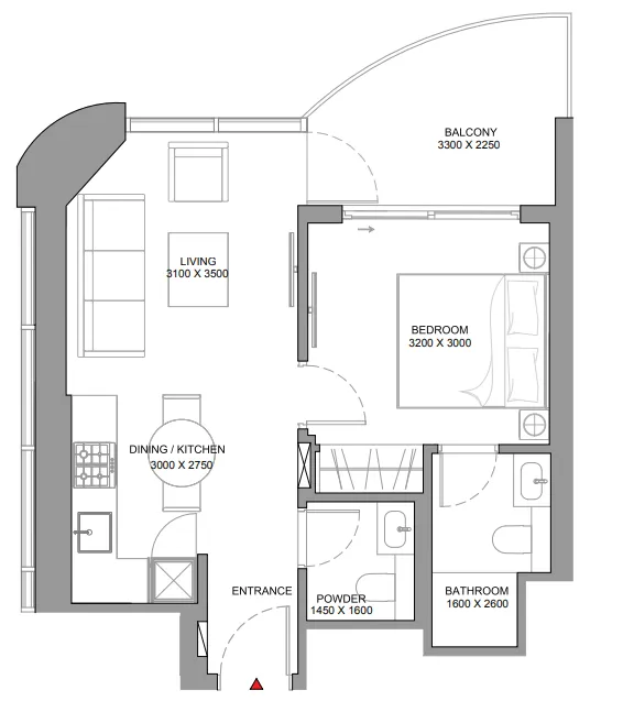 Sobha Aquamont — планировка 1 BR Type BF