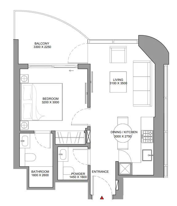 Sobha Aquamont — планировка 1 BR Type A