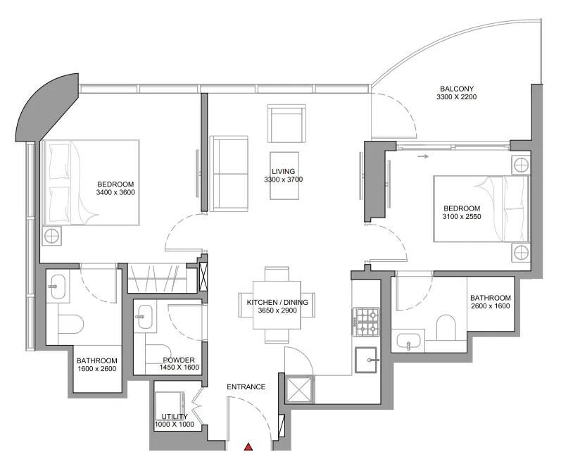 Sobha Aquamont — планировка 2 BR Type B