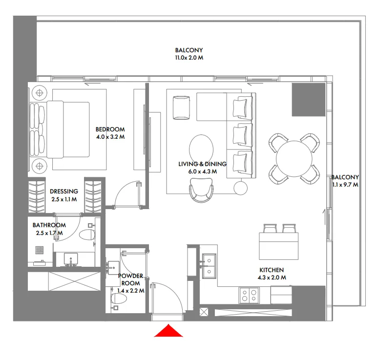 W The Residences by Arada — планировка 1 BR Type D
