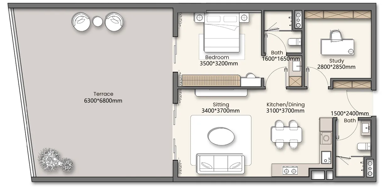 Yigo 26 — планировка 1BR Type 2A