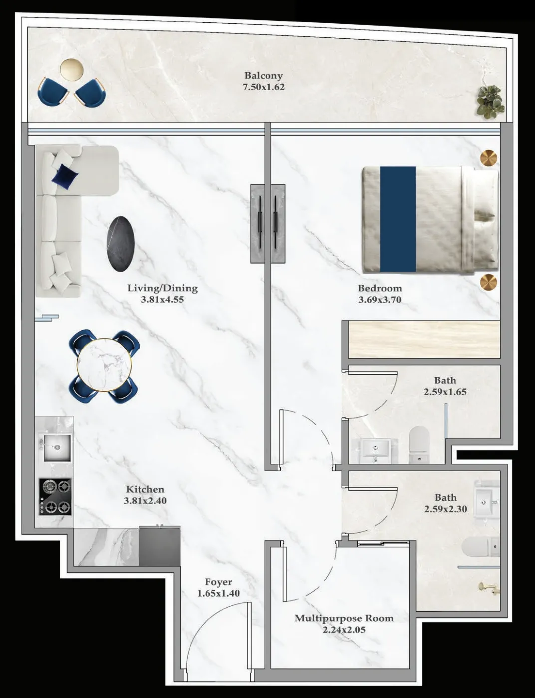 Aspirz — планировка 1 BR Type A