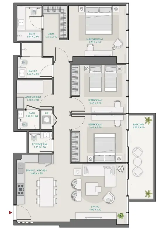 Avenue Park Towers at Wasl 1 — планировка 3 BR Type J
