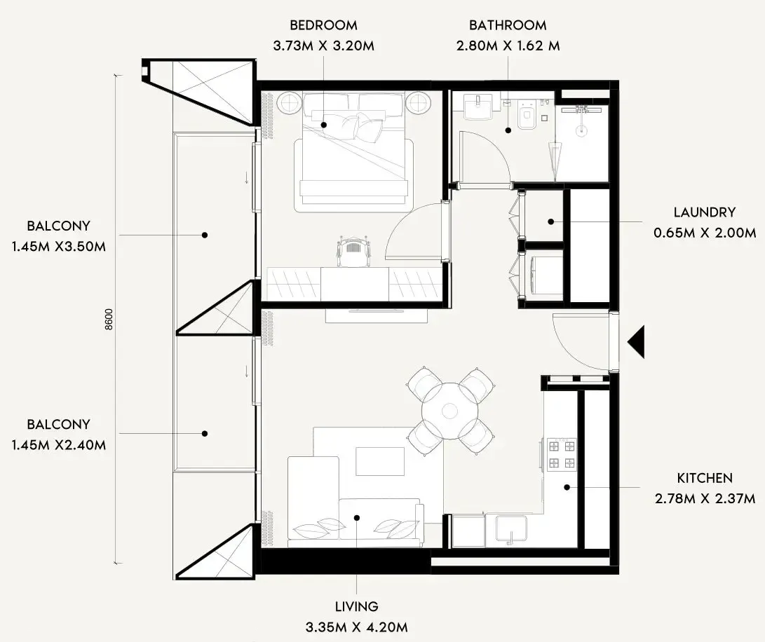 Azizi Wares — планировка 1 BR Type U