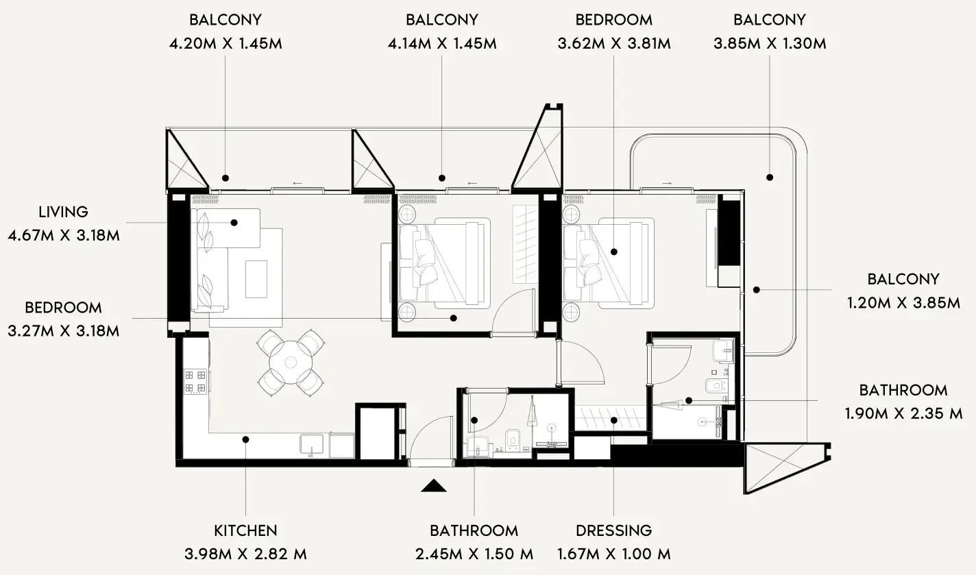 Azizi Wares — планировка 2 BR Type F