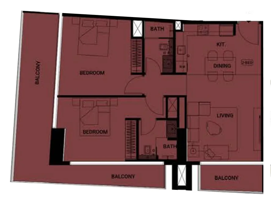 Binghatti Ruby — планировка 2 BR Type T