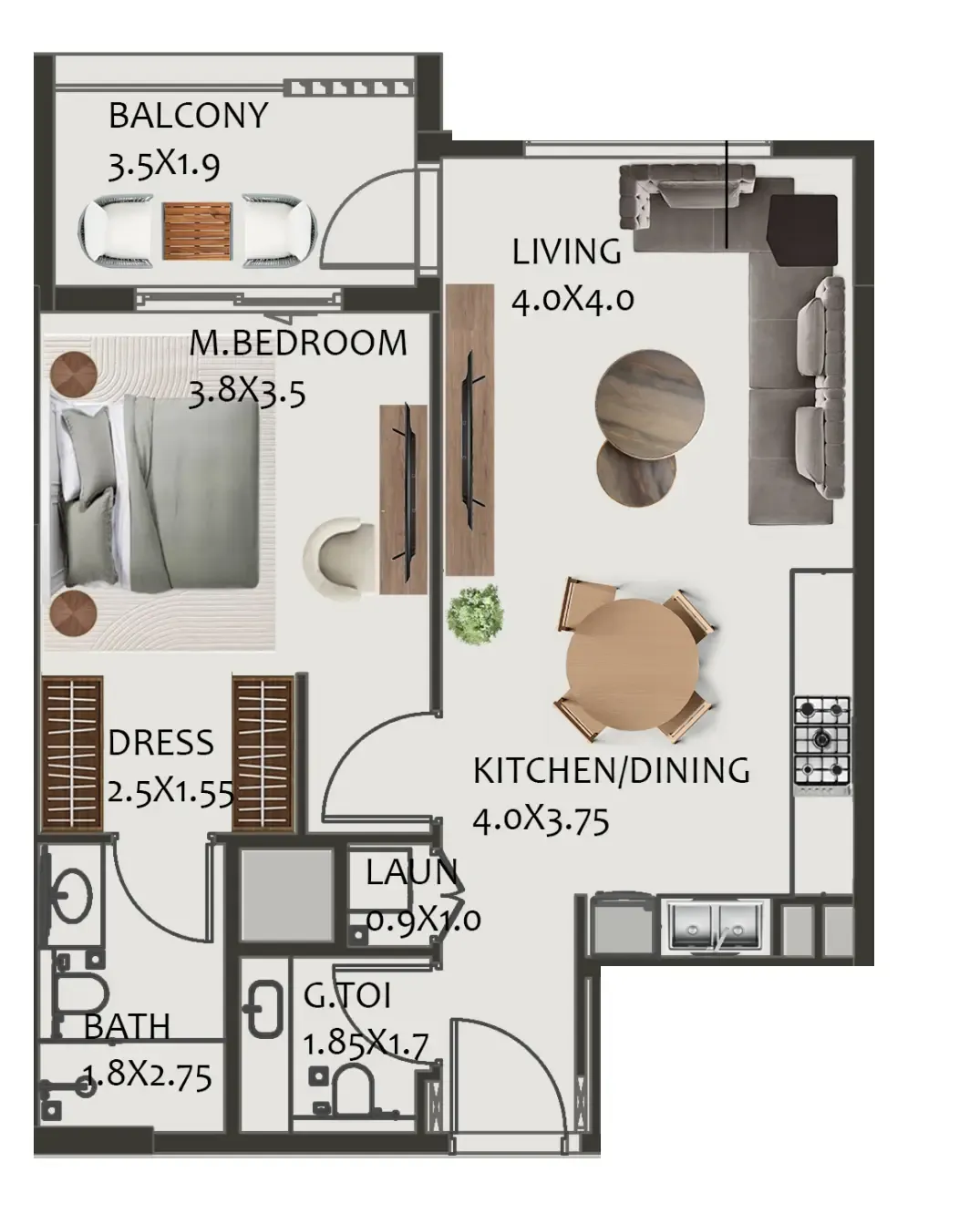 Hillside Residences — планировка 1 BR Type A