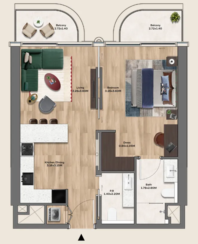 Mövenpick Residences Dubai Motor City Phase 1 — планировка 1BR Type A