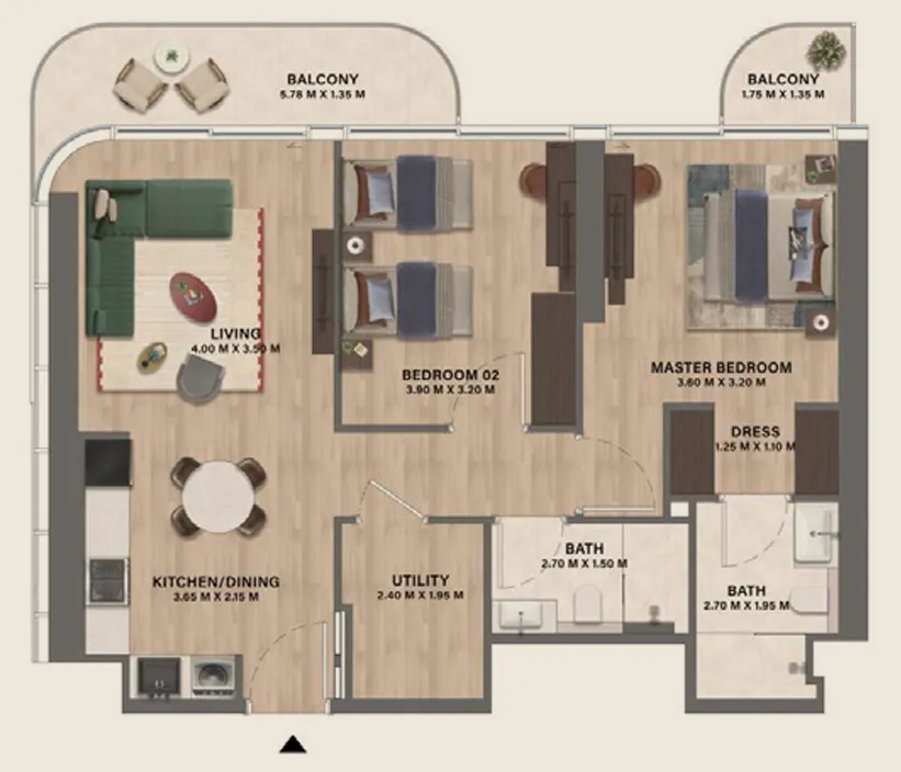 Mövenpick Residences Dubai Motor City Phase 1 — планировка 2BR Type A