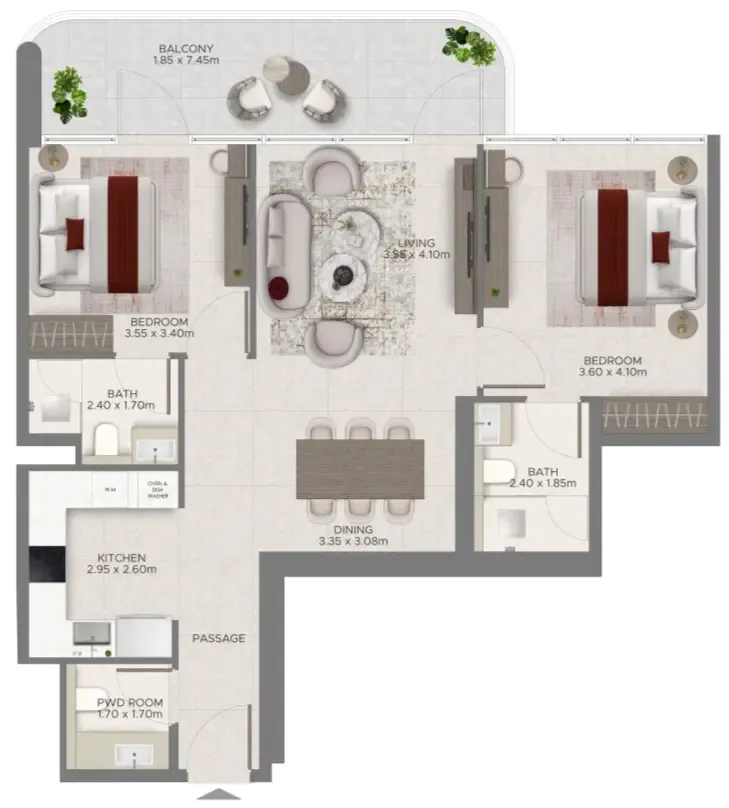 Ramada Residences by Wyndham at Dubai Islands — планировка 2 BR Type B