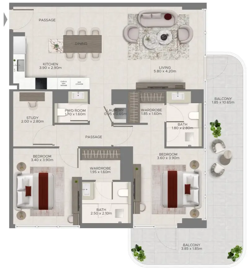 Ramada Residences by Wyndham at Dubai Islands — планировка 2 BR Type E