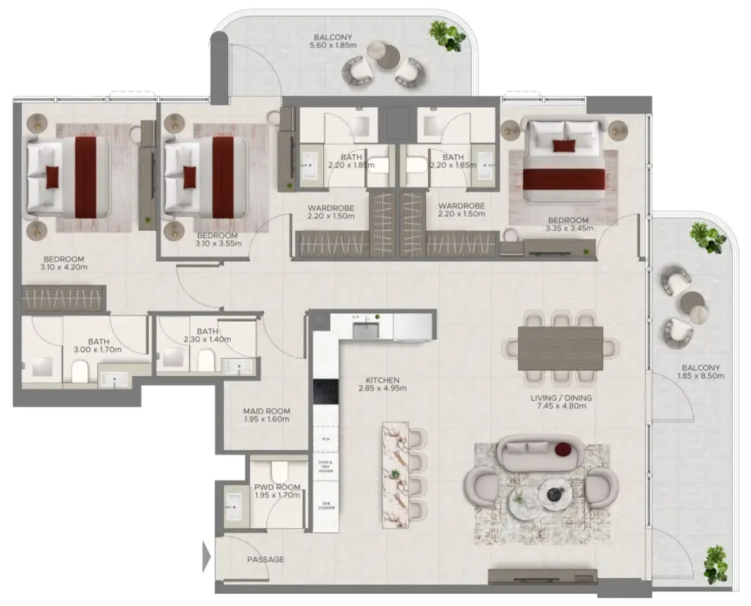 Ramada Residences by Wyndham at Dubai Islands — планировка 3 BR Type A