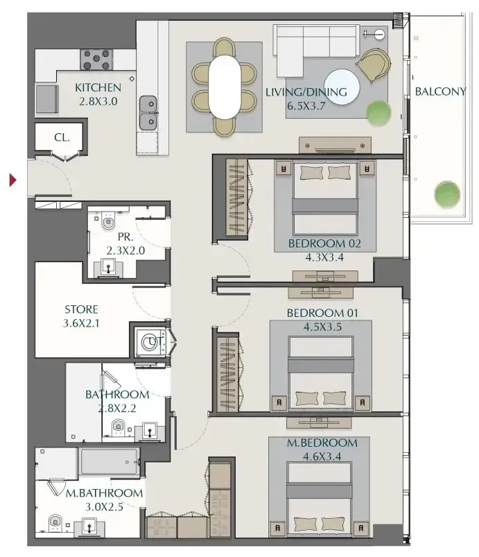 Wasl1 1 Residences — планировка 3 BR Type A