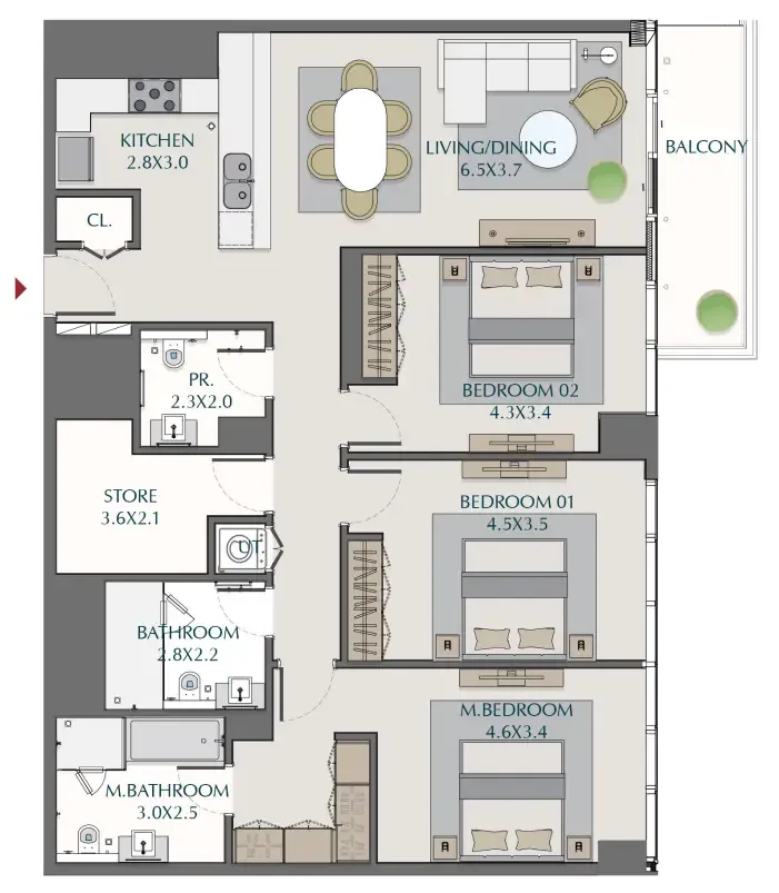 Wasl1 1 Residences — планировка 3 BR Type B