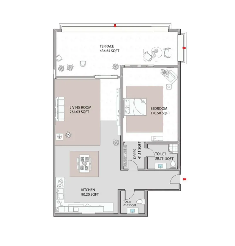 Ajman Creek Towers — планировка 1 BR Type 14