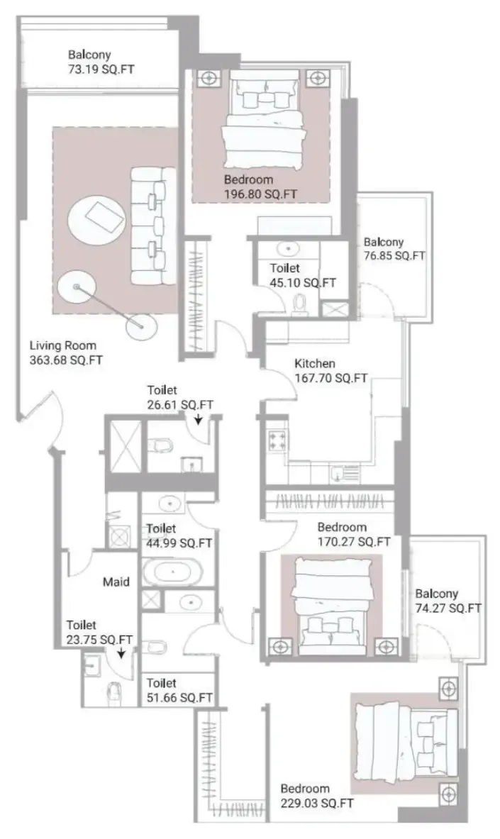 Ajman Creek Towers — планировка 3 BR Type AL