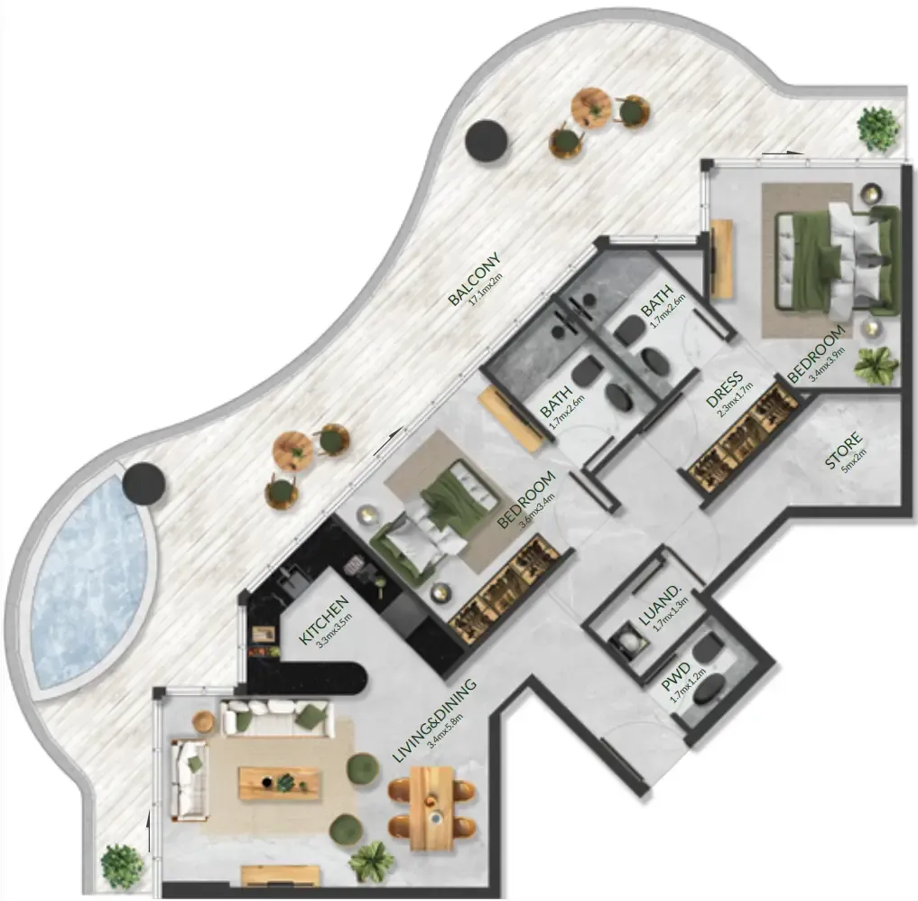 Aqua Maya — планировка 2 BR Type A