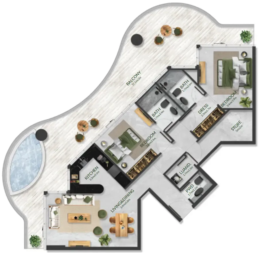 Aqua Maya — планировка 2 BR Type B