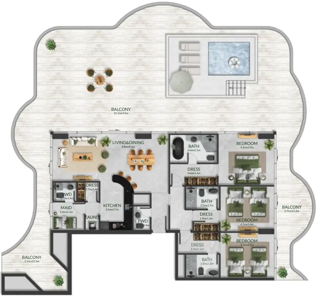 Aqua Maya — планировка 3 BR Type A