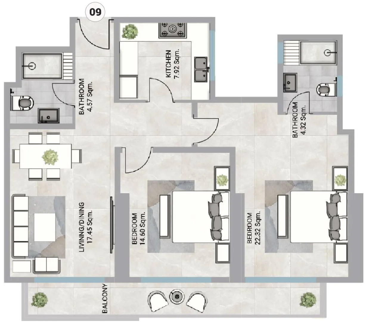 Barajeel Towers — планировка 2 BR Type HY