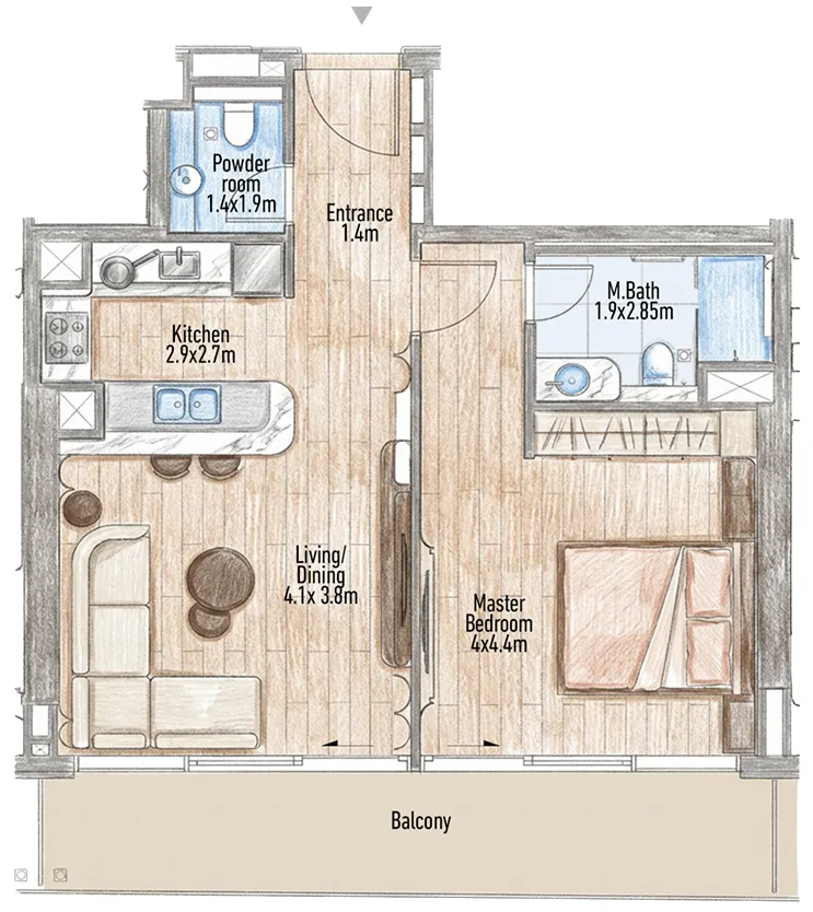 Flow 25 — планировка 1BR Type 01