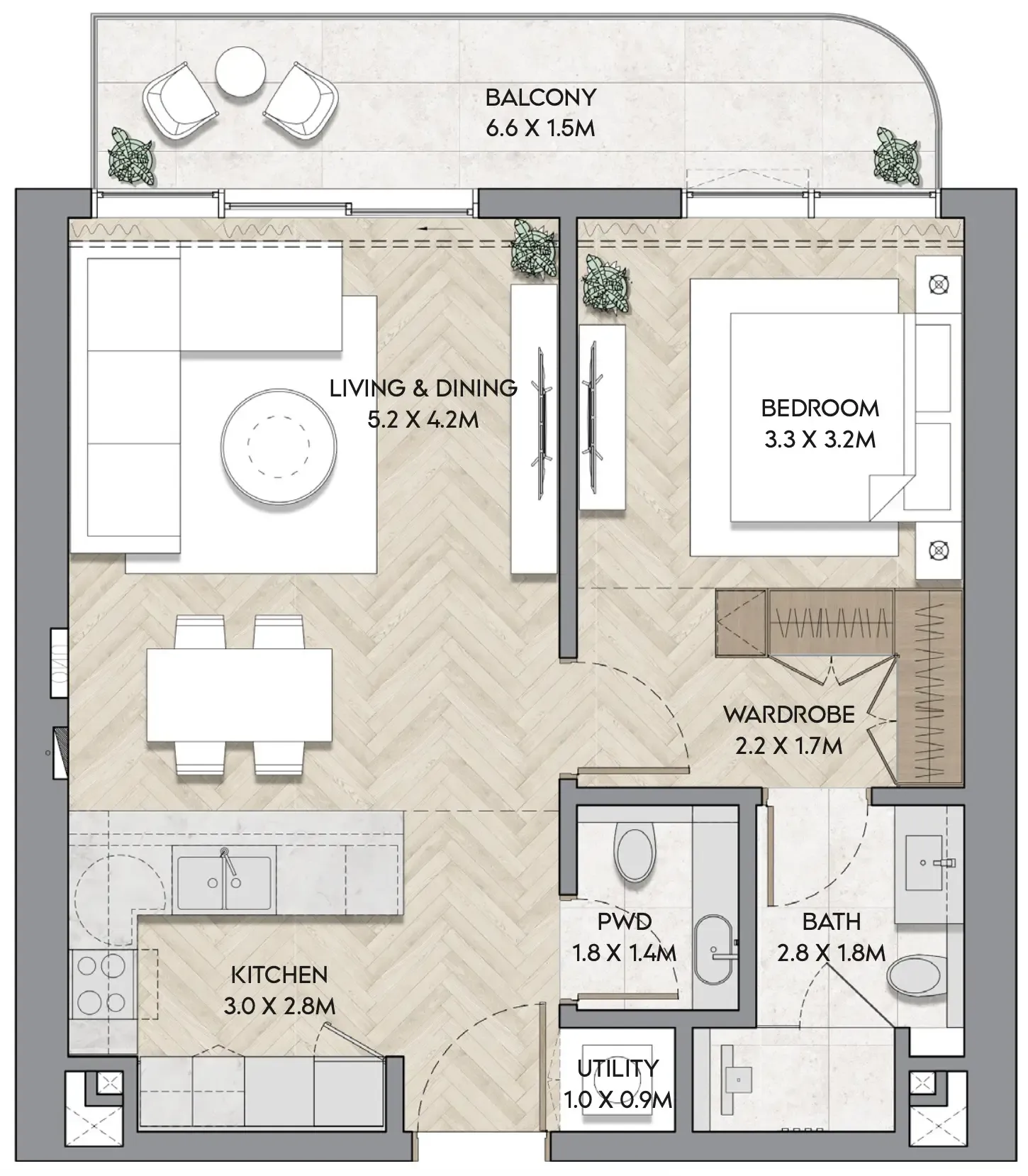 Nura — планировка 1 BR Type AJ