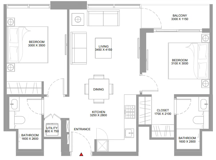 Pristine Beach Residences — планировка 2 BR Type Q