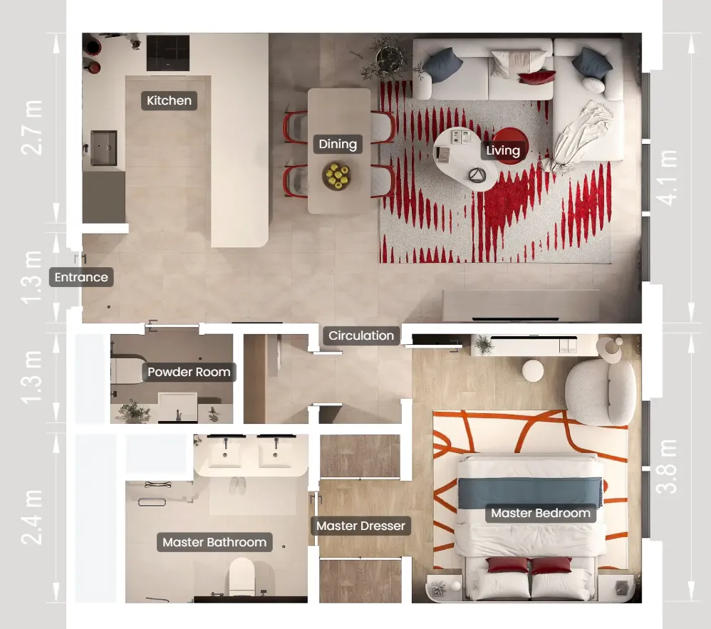 Rosso Bay Residences — планировка 1 спальня